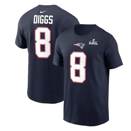 Men's New England Patriots #8 Stefon Diggs  Navy Super Bowl LX Patch Name & Number T-Shirt