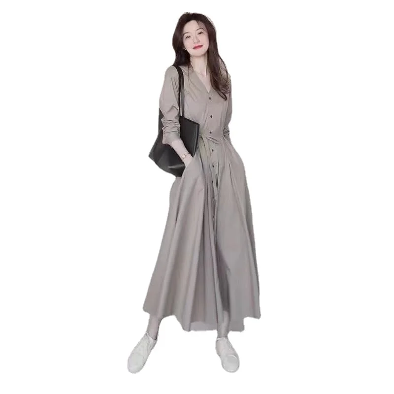 2022 Spring and Summer French Solid Color Long Skirt Temperament Retro Gentle Casual Skirt Design Sense Shirt Dress Women