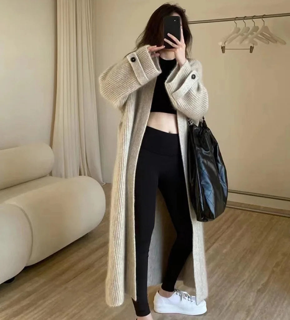 Autumn Winter Women Button Long Sleeve Knitted Long Cardigan Coats Lady Baggy Knitwear Sweater Aiertu