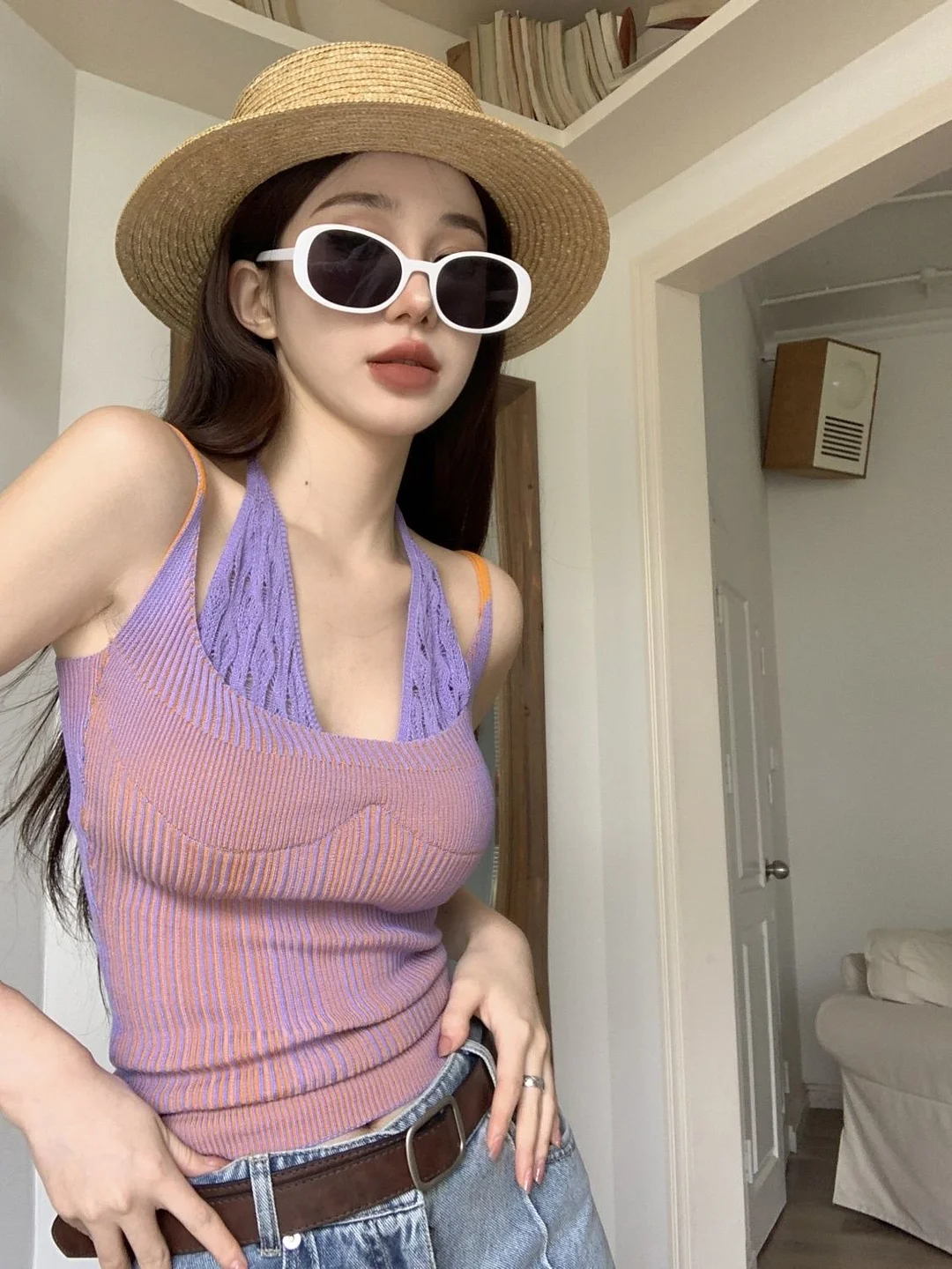 Pongl Pongl Girls Fake Two Hanging Neck Sling Vest Women Spring And Autumn Slim Slimming On The Back Of The Sleeveless Inside The Top