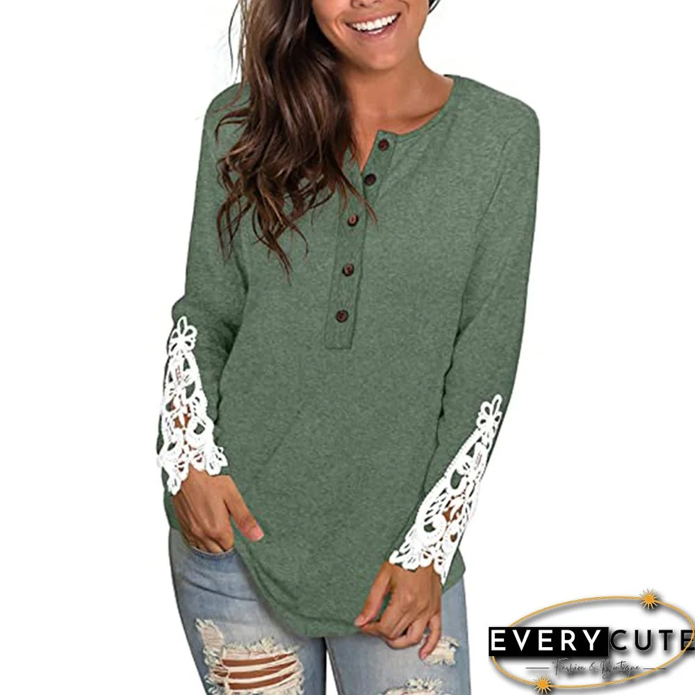 Green Button Up Lace Long Sleeve Top
