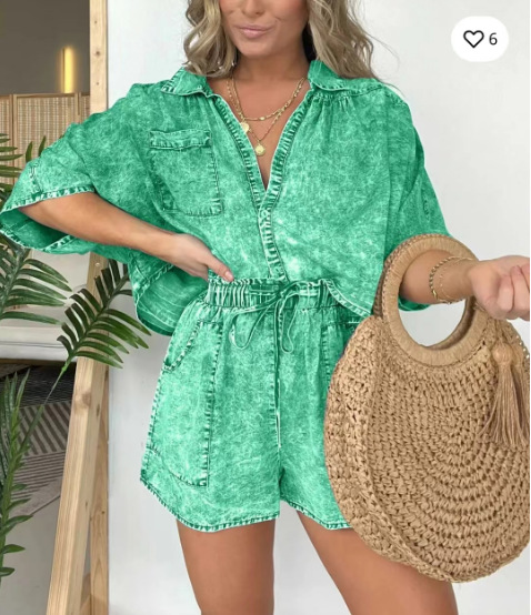 Mature Women 2pcs Loose Denim Suits Summer Casual Bat Sleeve Shirt And Drawstring Shorts Suits