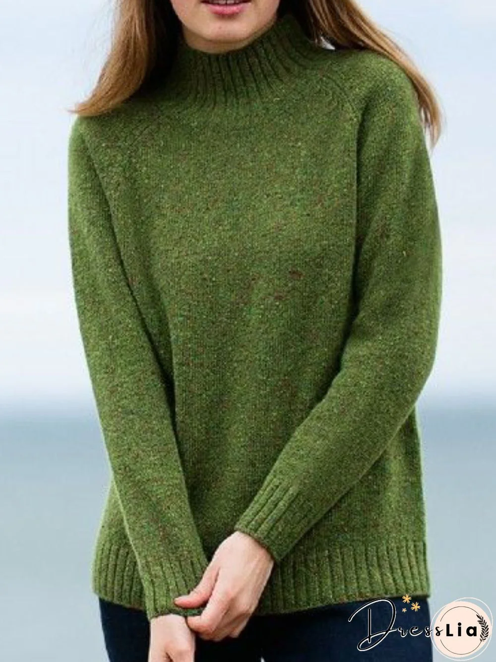 Green Turtleneck Casual Sweater