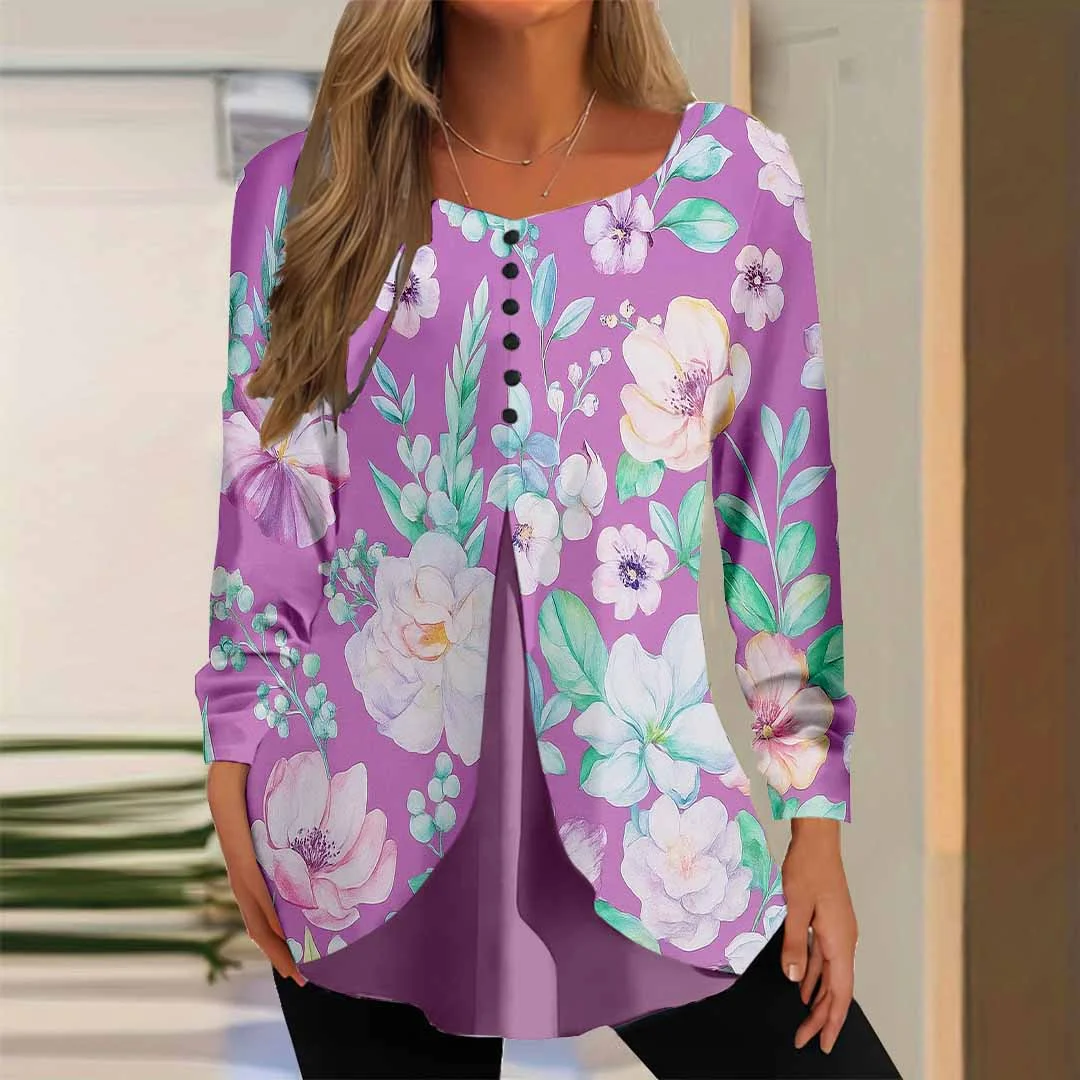 Women Floral,Pink DZGG8306 Long Sleeve Scoop Neck Printed Graphic Button Fake 2in1 Tops