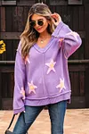 Women's Brushed Star Graphic V Neck Drop Shoulder Oversize Purple Sweater