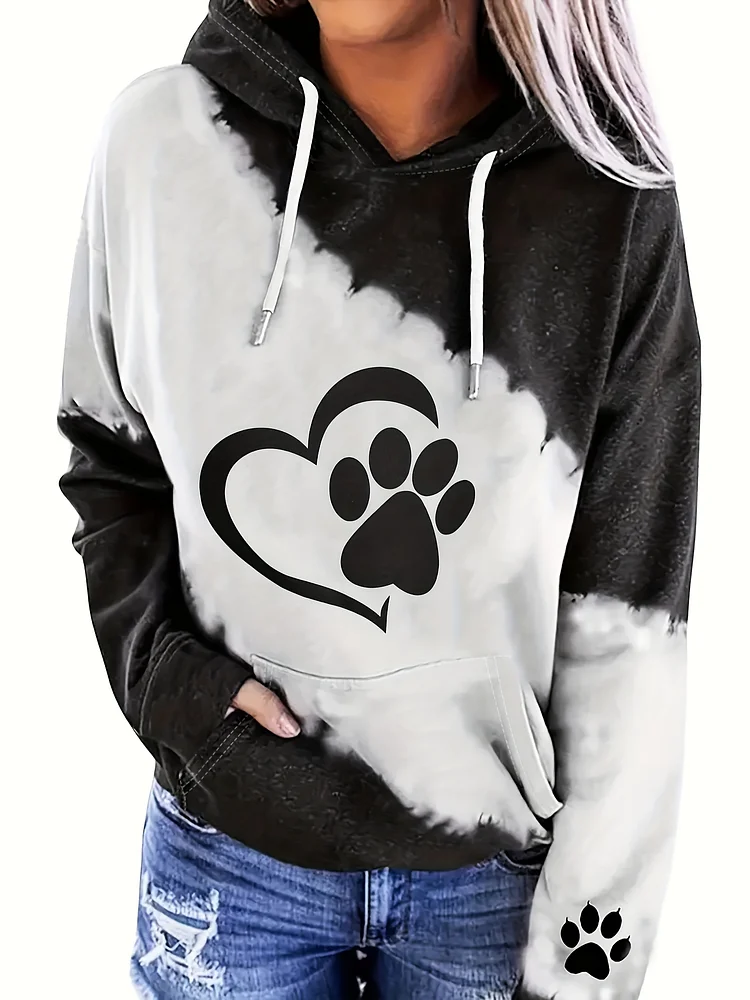 Women's Casual Long Sleeve Hoodie With Paw & Heart Print, Kangaroo Pocket & Drawstring Hood - Cozy Spring/Fall Sweatshirt, Machine Washable, Cute Hoodies, Spring Fall Apparel, Nontransparent Fabric