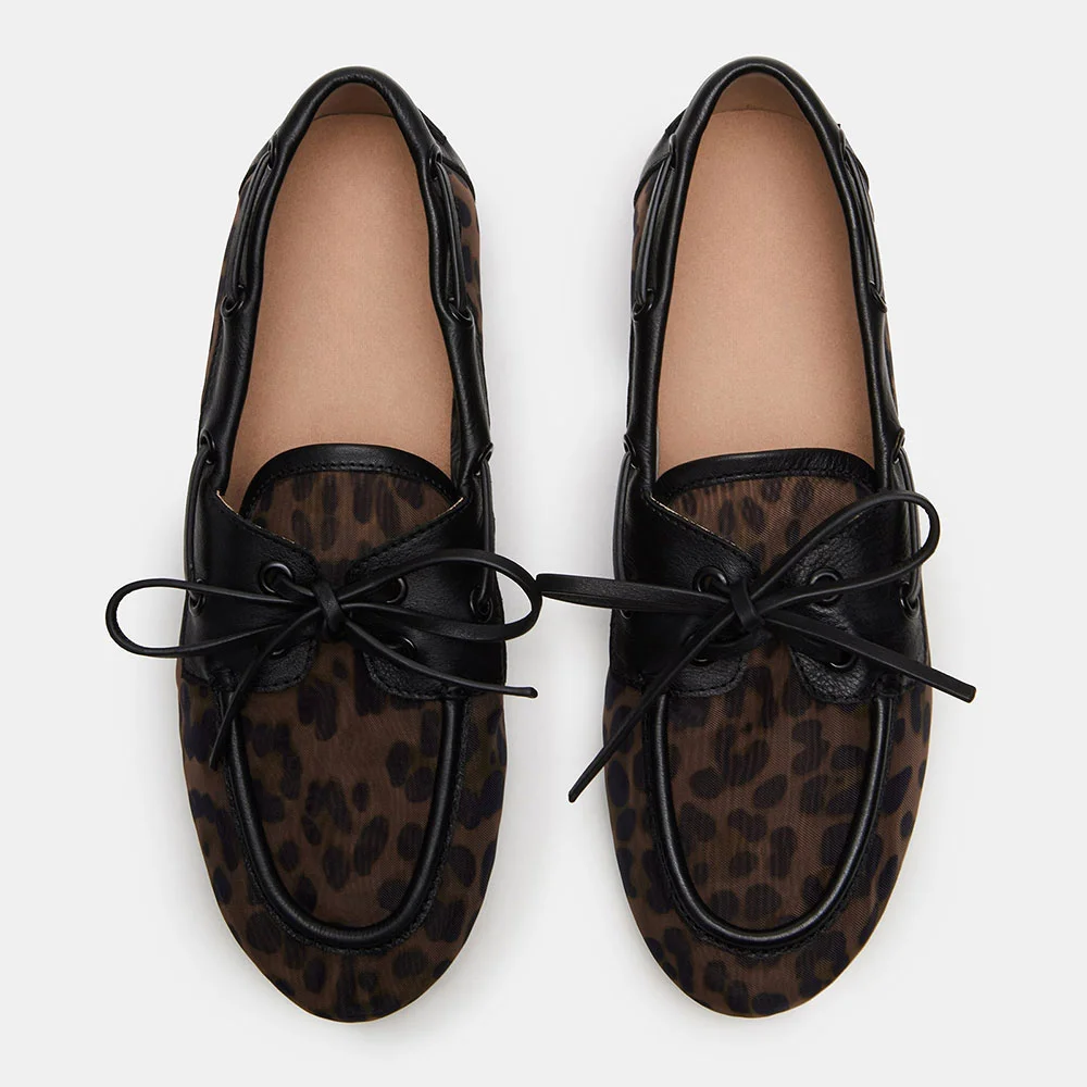 YDN Black Leopard Print Round Toe Lace-Up Flat Loafer Shoes Women