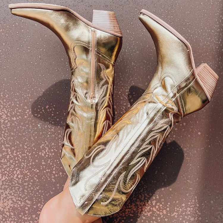 Gold Mid-Calf Women's Western Boots with Pointed Toe and Block Heels |FSJ Shoes