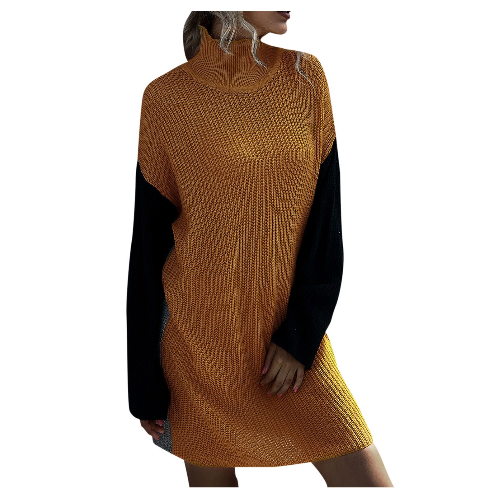 Ladies Round Neck Long Sleeve Fashion Color Block Sweater Slim Pullover Knitted Dress