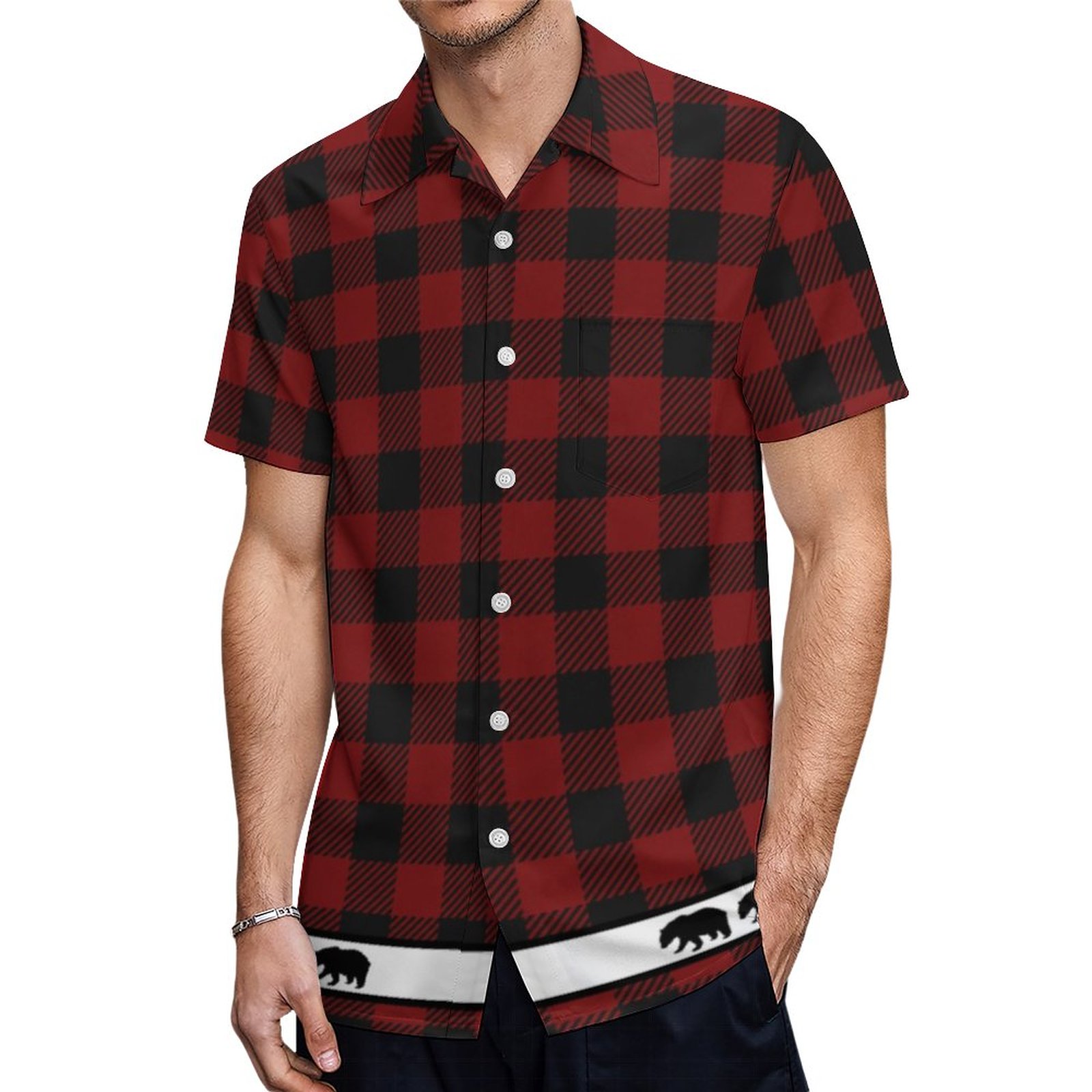 Rustic Red Buffalo Plaid Black Bear Hawaiian Shirt Mens Button Down Plus Size Tropical Hawaii Beach Shirts