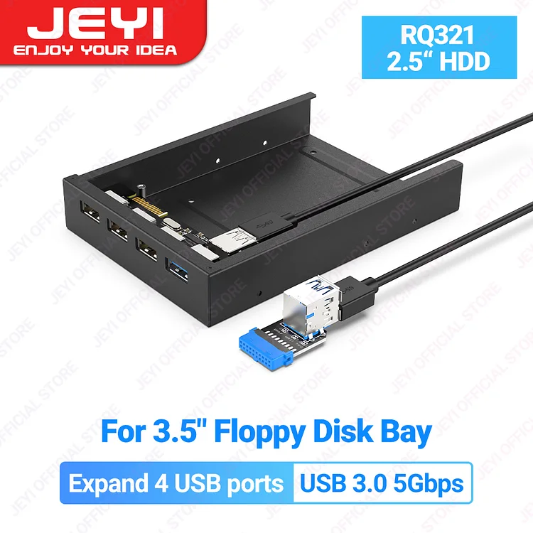 JEYI USB 3.0 Front Panel Hub, Optical Drive 5.25" Front Panel/3.5" Floppy Disk Bay Support USB 3.0/2.0, SATA HDD for Computer HD