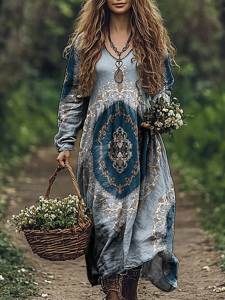 Women's Ethnic Pattern Print Pocket Cotton V-neck Long Sleeve Dress