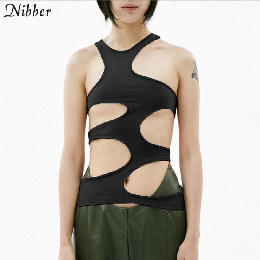 Nibber Fashionable Women's Tops Sexy Hollow Irregular Holes Solid Color Tops Clothing Club Party Wear Summer Tights Shows Tees