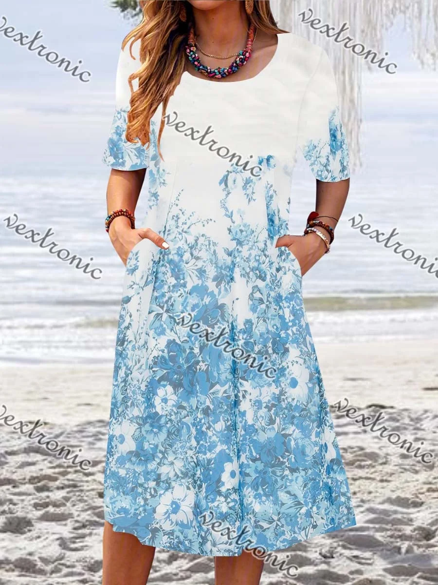 Women Casual Short Sleeve Scoop Neck Floral Printed Midi Dress