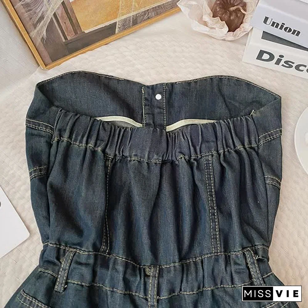 Pure Color Knit Cardigan Off The Shoulder Lace Up Denim Overalls