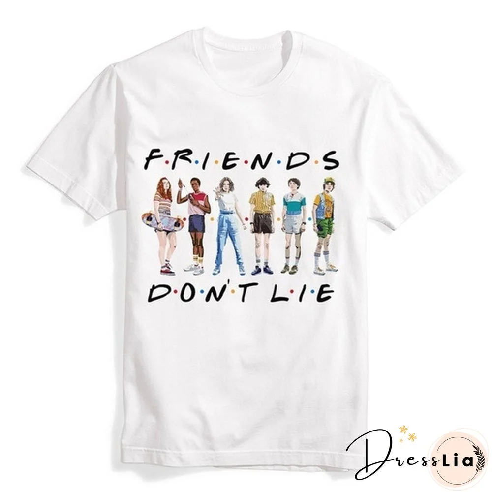 1Pcs Freind Dont Lie Six People Stand Printed T Shirt Stranger Things Letter Print Plus Size T Shirt White Short Sleeve Friends Dont Lie Printing Tees Feme Summe Tops