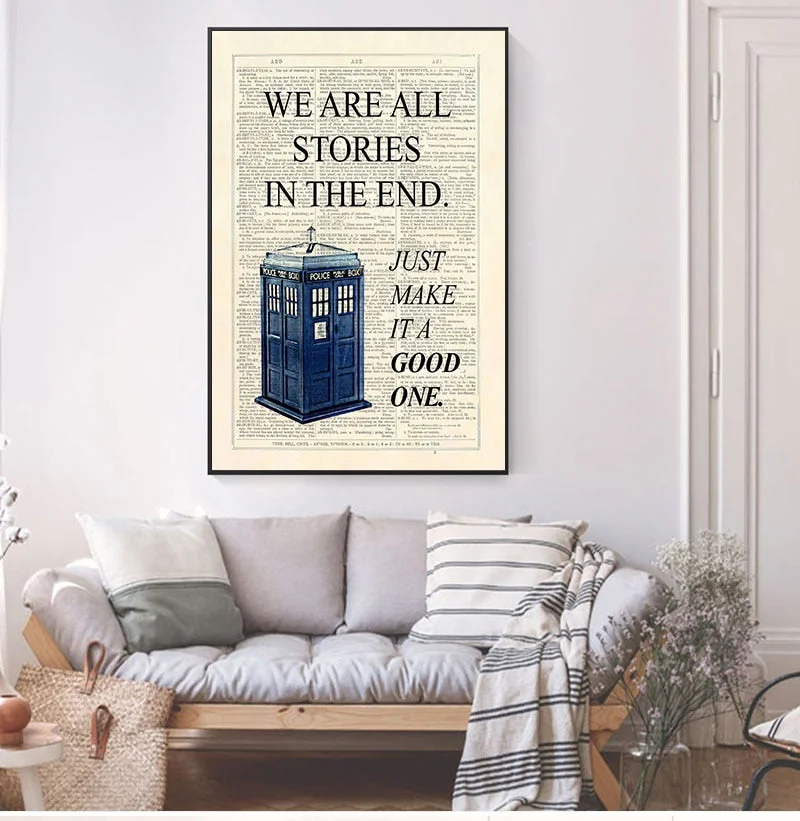 Dr Who Classic TV Show Poster Prints Tardis We Are All Stories In The End Dictionary Page Art Canvas Painting Picture Home Decor