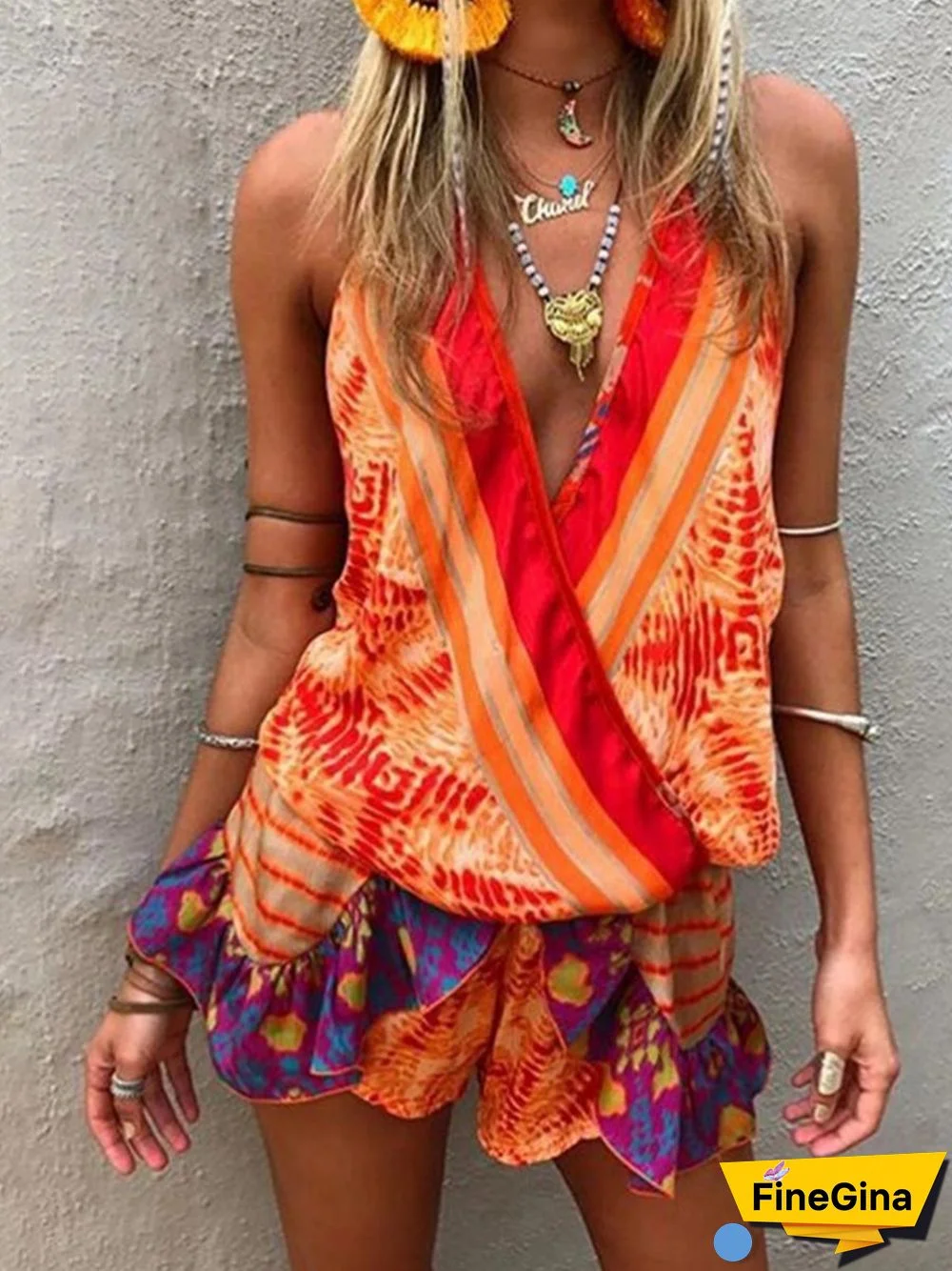 V-neck Sleeveless Boho Print Ruffle Romper P16328