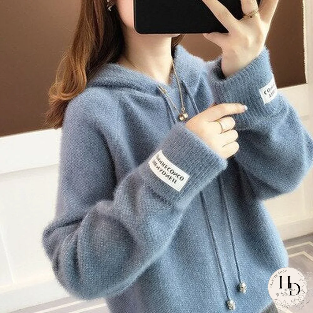 Women's Jumper New Spring Autumn One Size Hooded Long Sleeve Top Korean Fashion Loose Solid Color Lazy Wind Woman Sweater