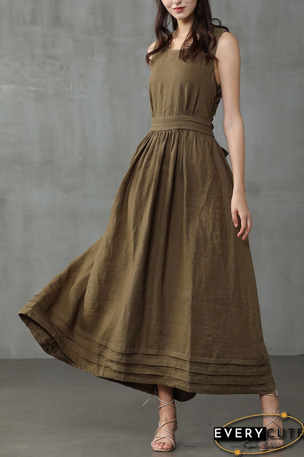 Cross Back O Neck Maxi Linen Dress