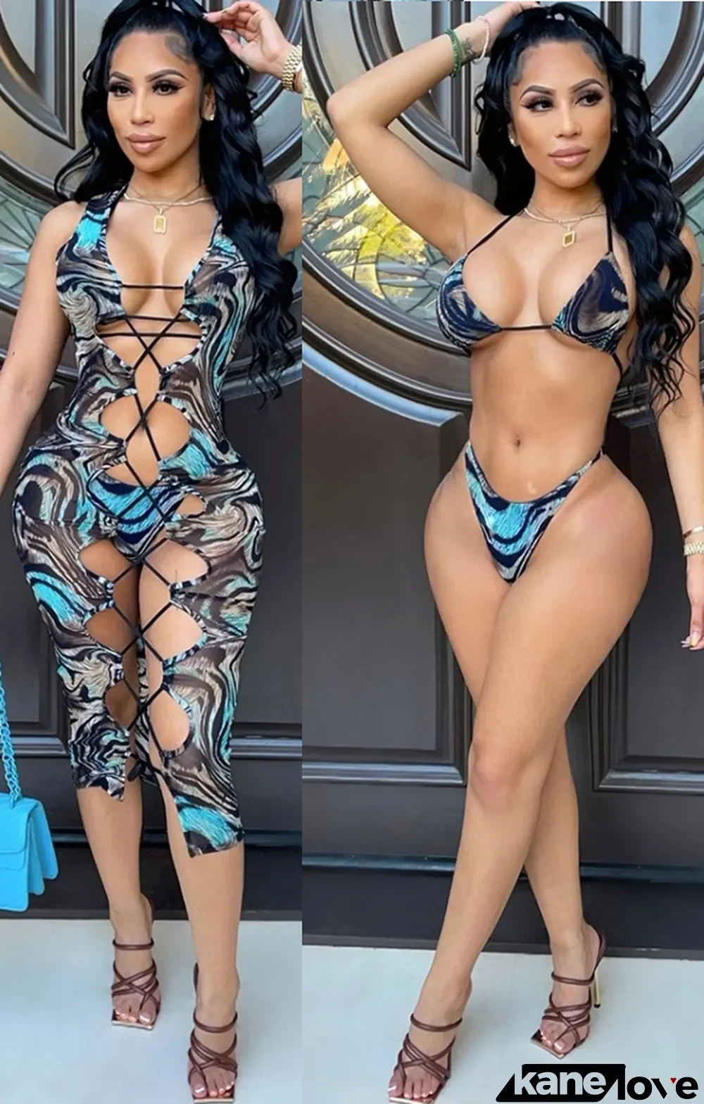 Summer Party Sexy Multi Color Print 3 Piece Lace-Up Dress Set