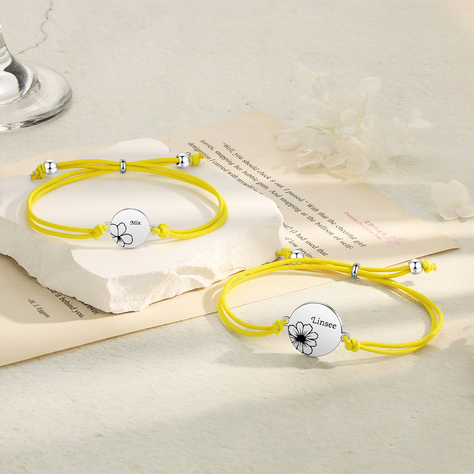 2 Pcs Bracelet Set Personalised Names & Birth Flowers Adjustable Bracelets with Message Card Back to School Gifts for Daughters-Jessemade AU