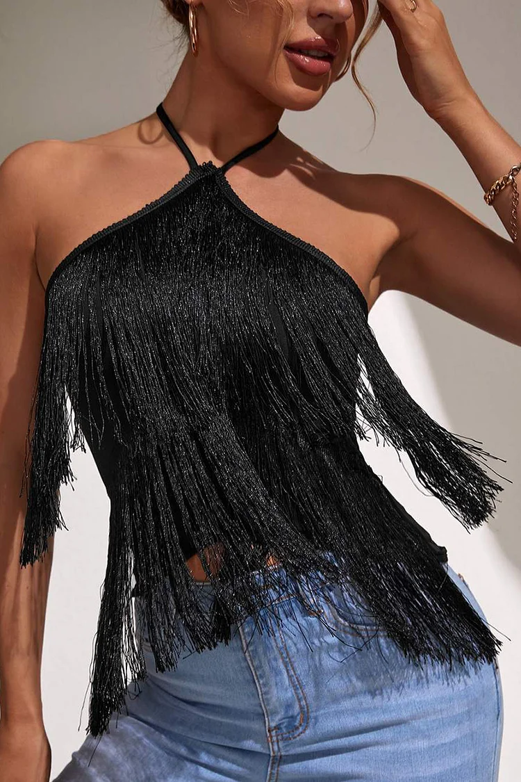 Fashion Fringe Lace Halter Hollow Backless Tank Top