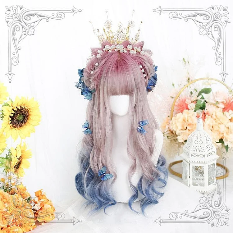 Lolita Pink Blue Gradient Long Curly Wig SP15518