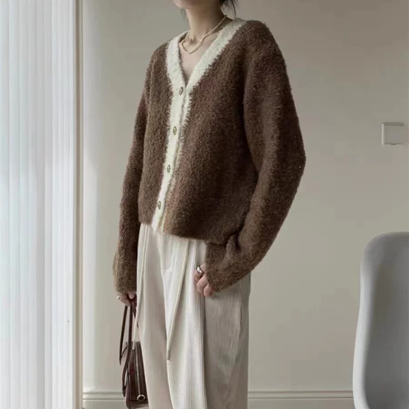 Churchf Churchf Small Fragrant Wind Winter New Female Bump Color V-Neck Loose Long-Sleeved Single Breasted Sweater Jacket Coat Tide