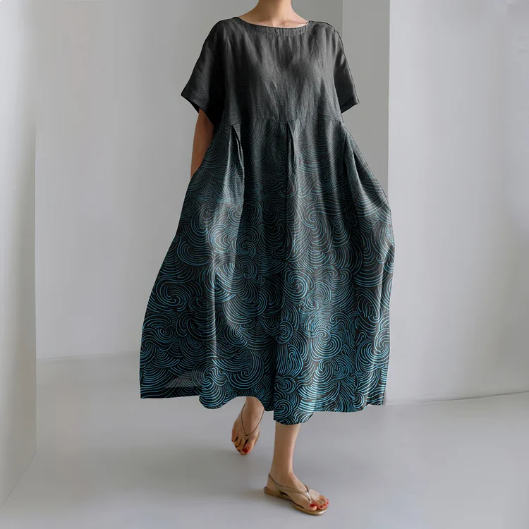 Comstylish Vintage Waves Print Short Sleeve Linen Blend Maxi Dress