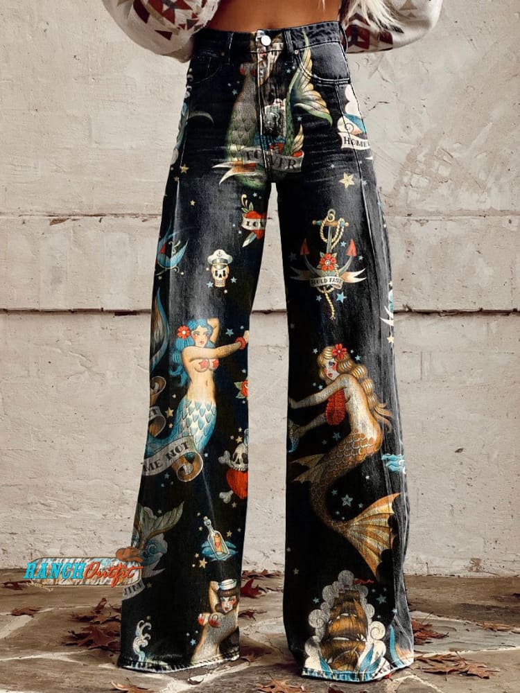 Women’s Vintage Mermaid Print Casual Wide Leg Pants Multicolor / S