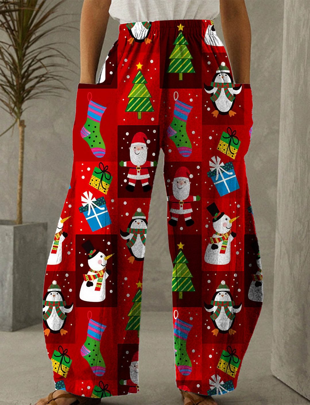 Christmas Red Print Casual Pants