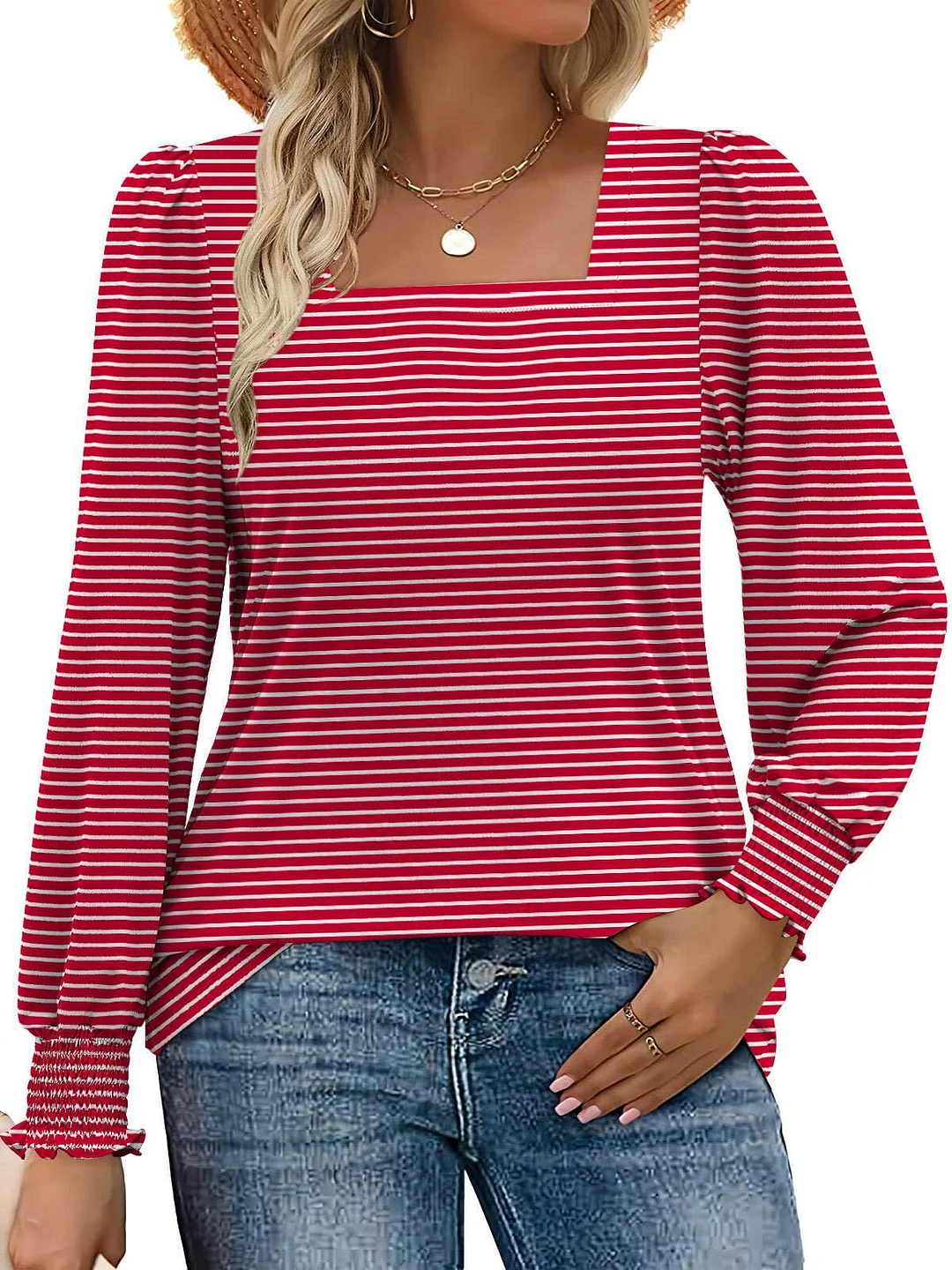 Athvotar Athvotar And Autumn 2025 New Striped Side-Laceed Leaf Cuff Bubble Long Sleeve T-Shirt