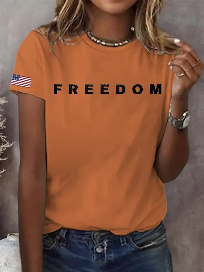 Women's Freedom American Flag Print Casual T-shirt
