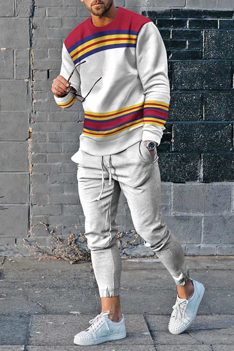 Stripe Contrast Color Campus Style Tracksuit Two Piece Set