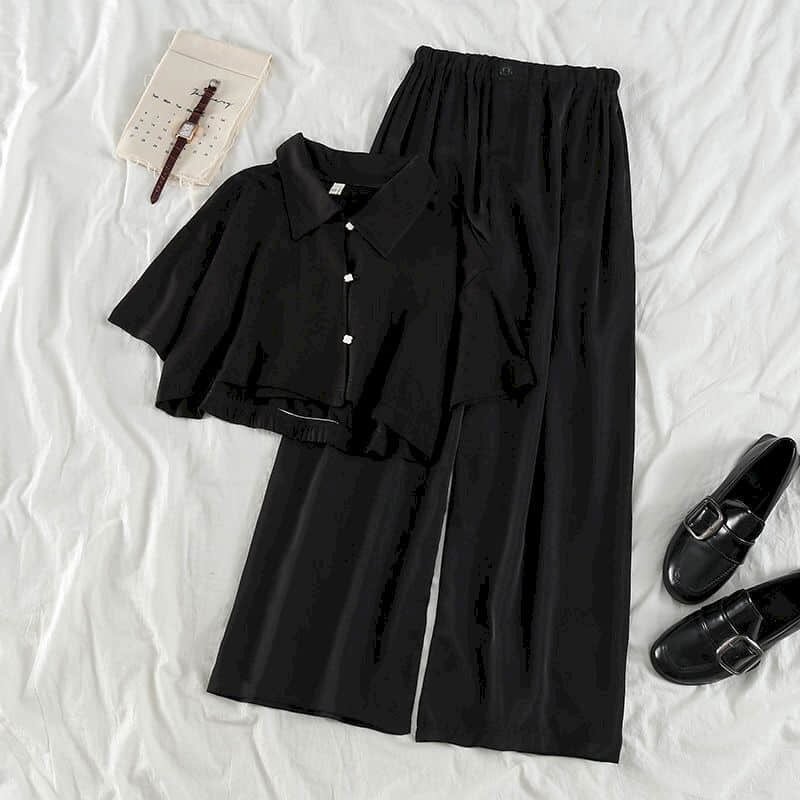 Toloer Vintage Two Pieces Set For Women 2022 Casual Summer Short Sleeve Shirt Blouse+Loose Wide Leg Pants Casual Female Outfits