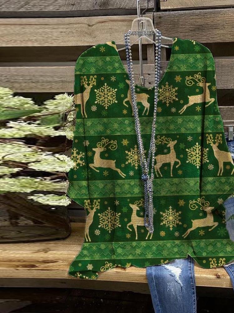 Green Christmas Deer Snowflake Printed Round Neck T-Shirt