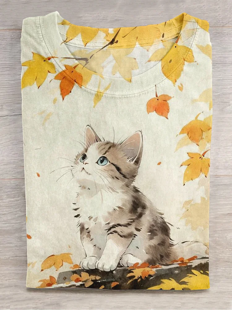 Cute Kitten Cat Maple Leaf Fall Animal Casual Print T-shirt