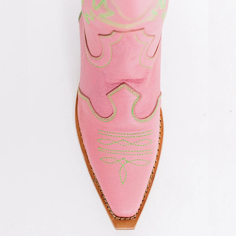 Pink Snip Toe Embroidered Stacked Heel Western Boots for Women