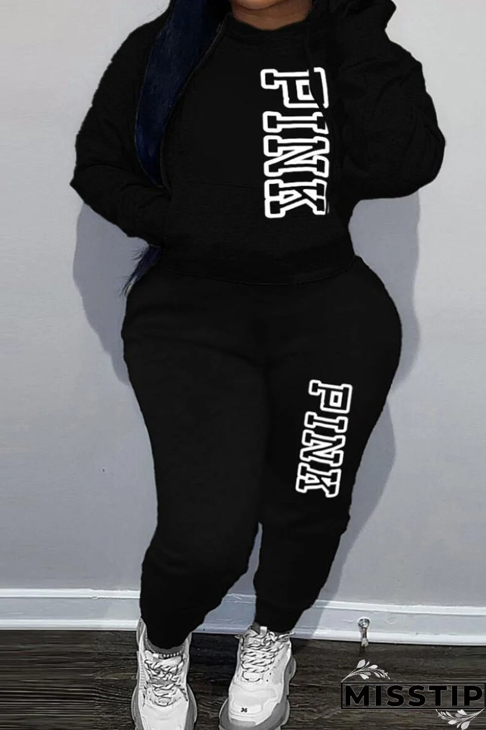 Black Casual Print Patchwork Hooded Collar Long Sleeve Two Pieces