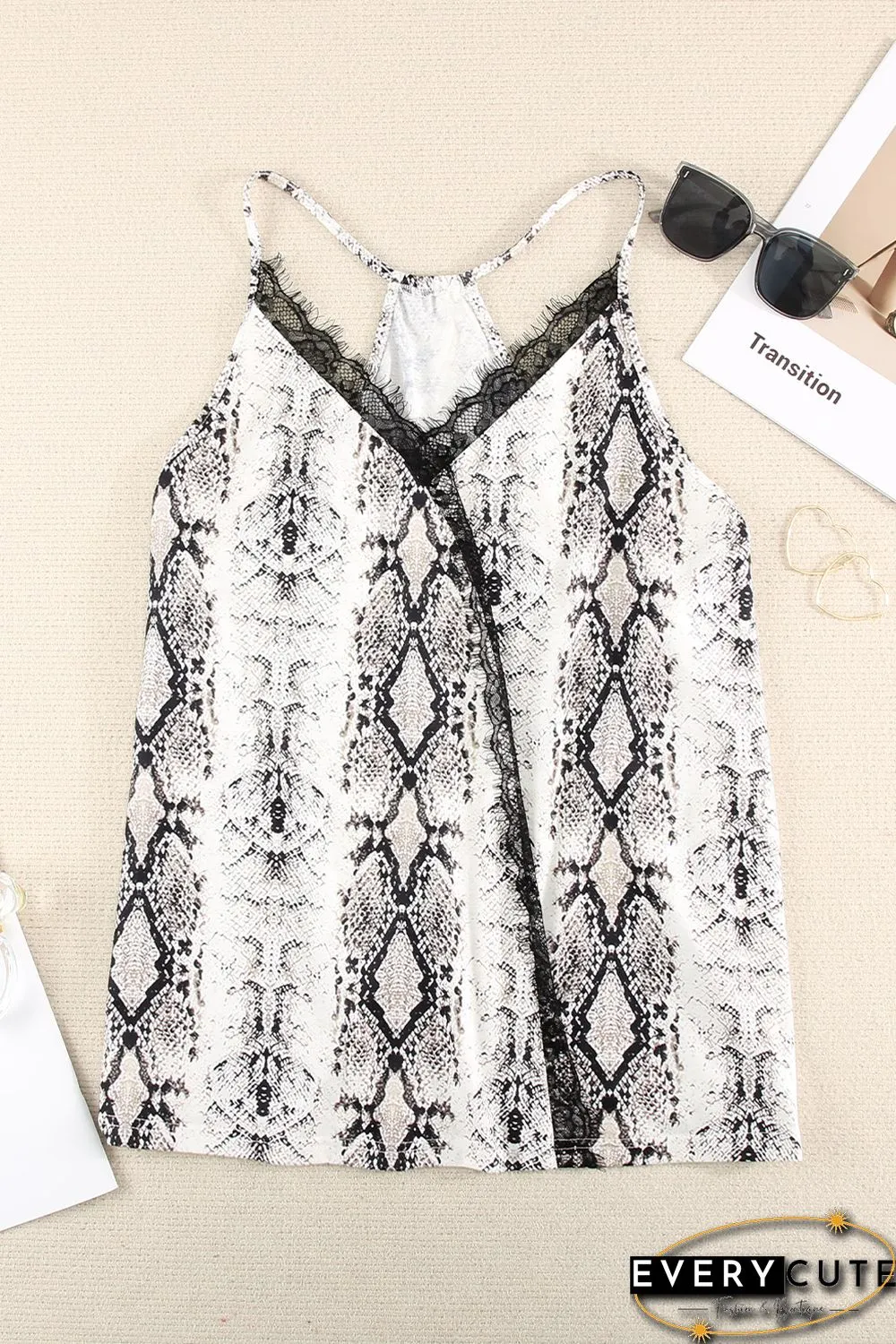Plus Size Snakeskin Lace Splicing Spaghetti Strap Tank Top