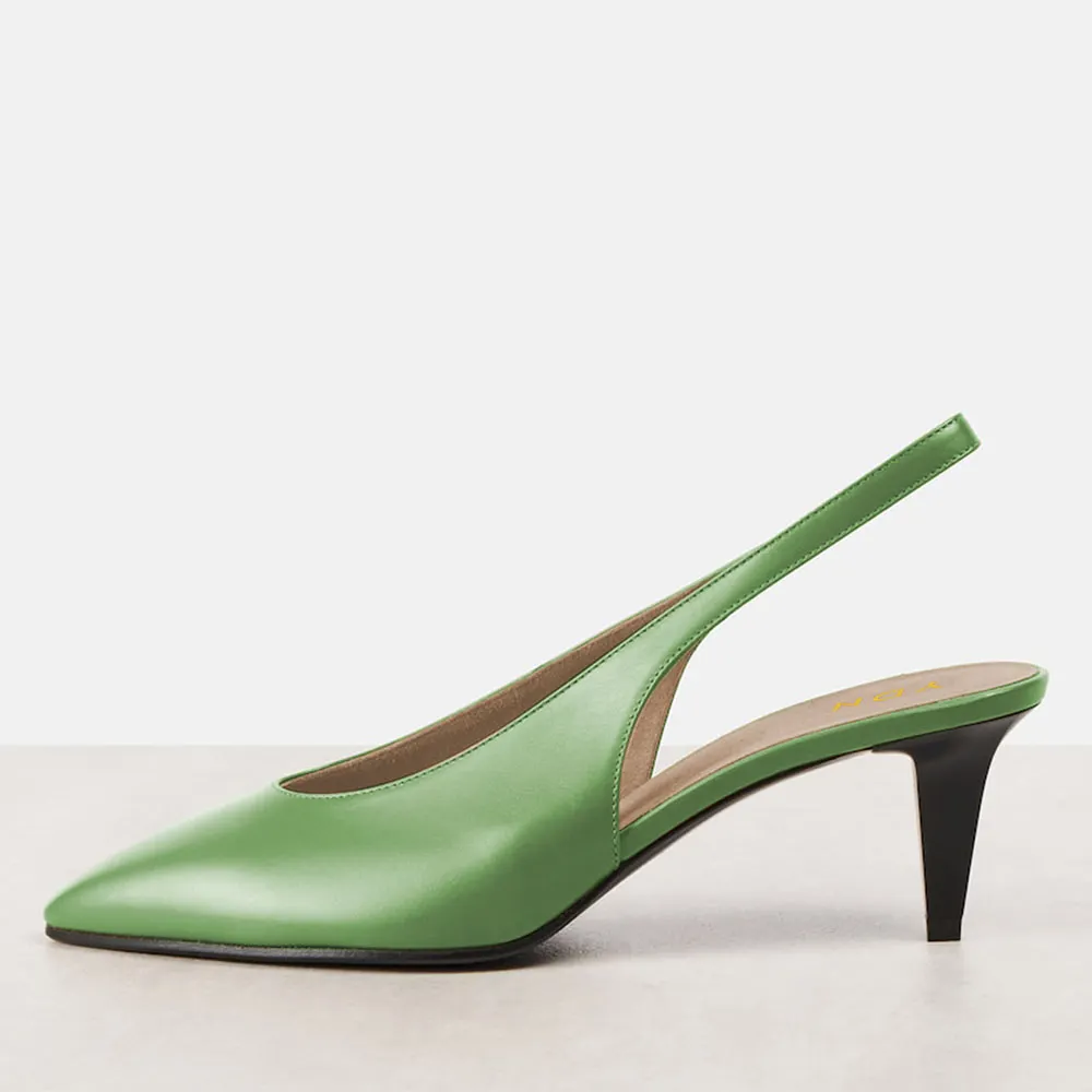 YDN Green Vegan Leather Pointed Toe Cone Heel Slingback Pumps