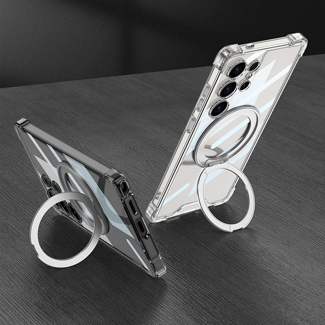 Case for Samsung Galaxy S25 Ultra, Clear Anti-Yellow PC Rugged Cover with Ring Holder Stand Shoockproof Phone Case,Black