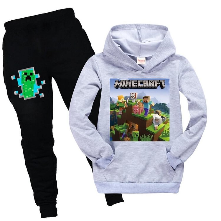 Mayoulove Minecraft Print Girls Boys Cotton Hoodie With Pocket Sweatpants Suit-Mayoulove