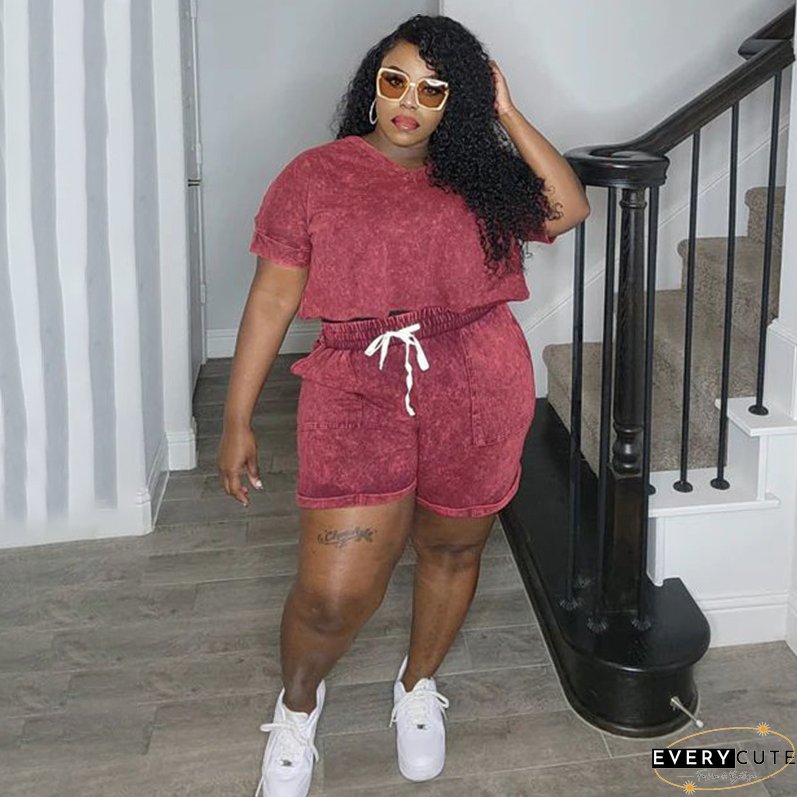 Plus Size Women Print Stretch Short Sleeve Top and Shorts Casual Two Piece Set