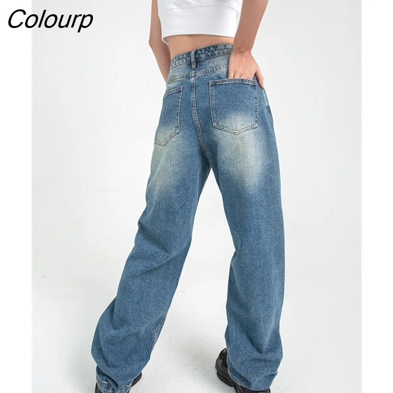 Colourp Size Womans Jeans High Waist Summer Wide Leg Denim Trouser Baggy Street Chic Design Ladies Blue Vintage Straight Jean Pants