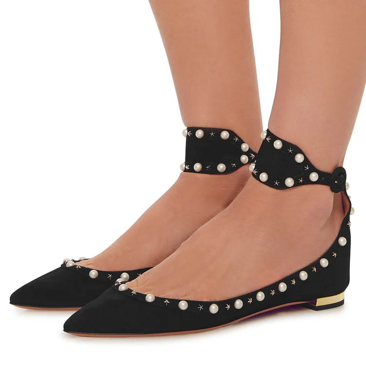Black Studded and Pearls Detail Ankle Strap Pump Flats |FSJ Shoes