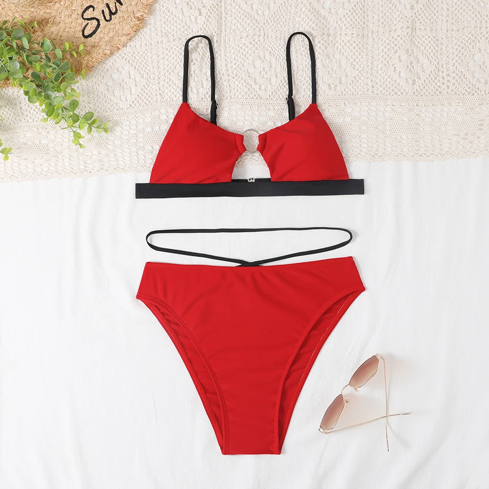 Uveng Uveng New Strapped Women's Hollow Out Swimsuit High Waist Solid Color Multi-Color Sexy Split Swimsuit Gathered Bikini