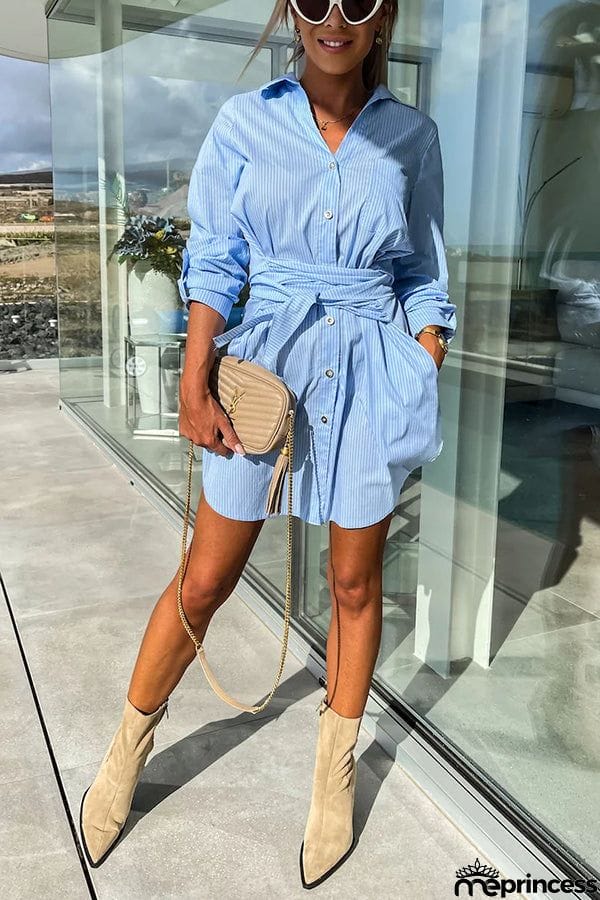 Sun Valley Tie Front Button Pocketed Shirt Mini Dress