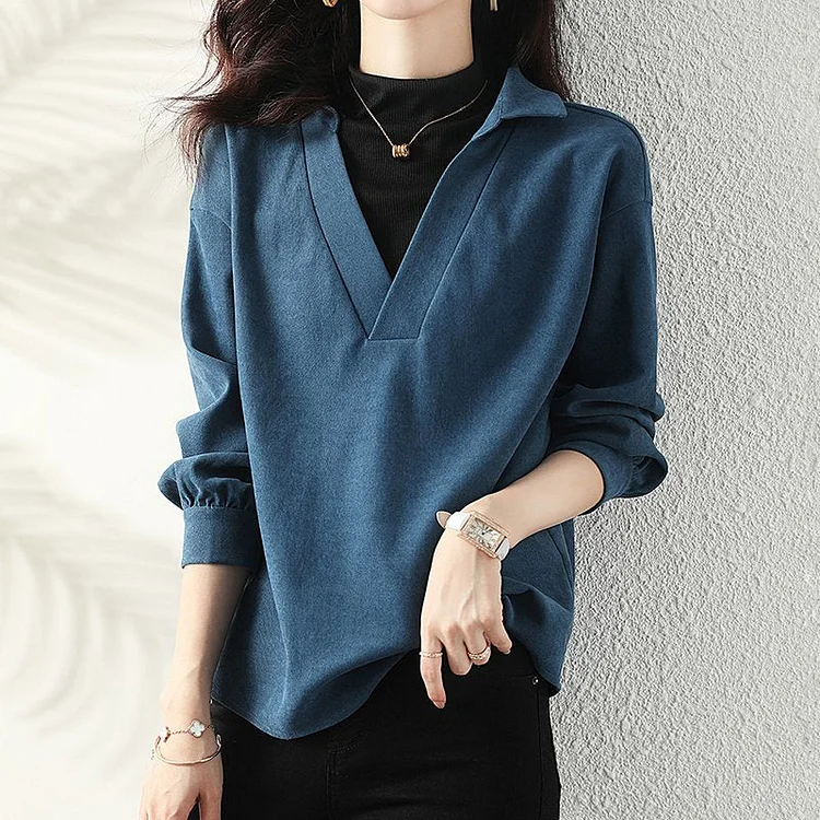 Blue Long Sleeve Plain Shift Paneled Shirts & Tops QueenFunky